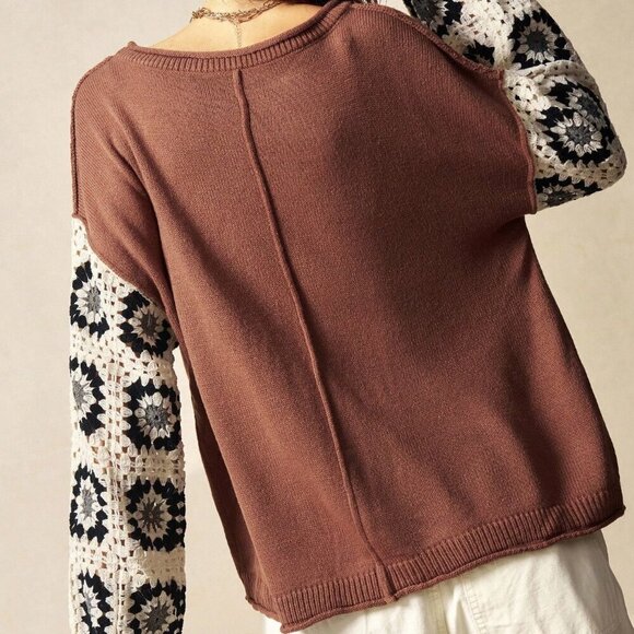 Brown Casual Women's Boho Crochet Patchwork Sweater top - Picture 7 of 8